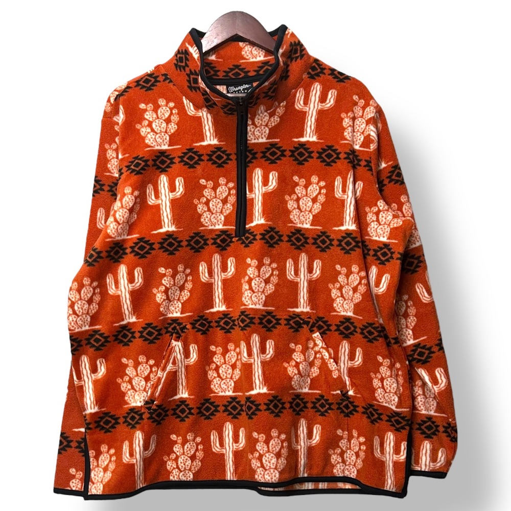 Wrangler Men Fleece Quarter Zip Pullover Cactus Southwest Aztec Orange Size M - Picture 2 of 7